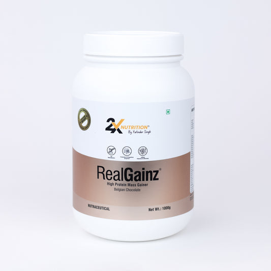 RealGainz, No Maltodextrin Mass Gainer (Belgian Chocolate- 1kg) - 2X Nutrition