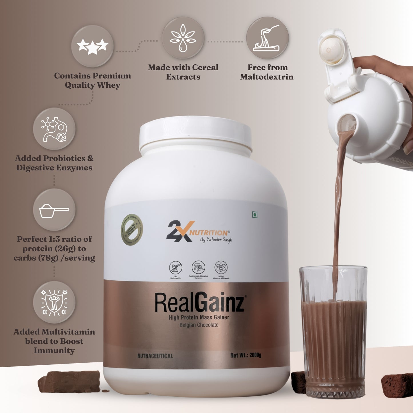 RealGainz (Belgian Chocolate- 2kg) - 2X Nutrition